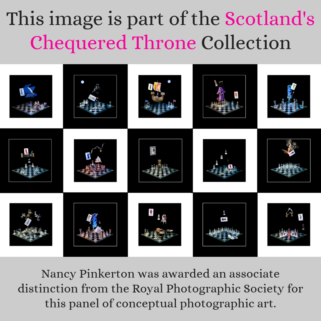 This image is part of the Scotland's Chequered Throne collection which was awarded an associate distinction from the Royal Photographic Society. Image showing all 15 images in alternating black and white mounts.