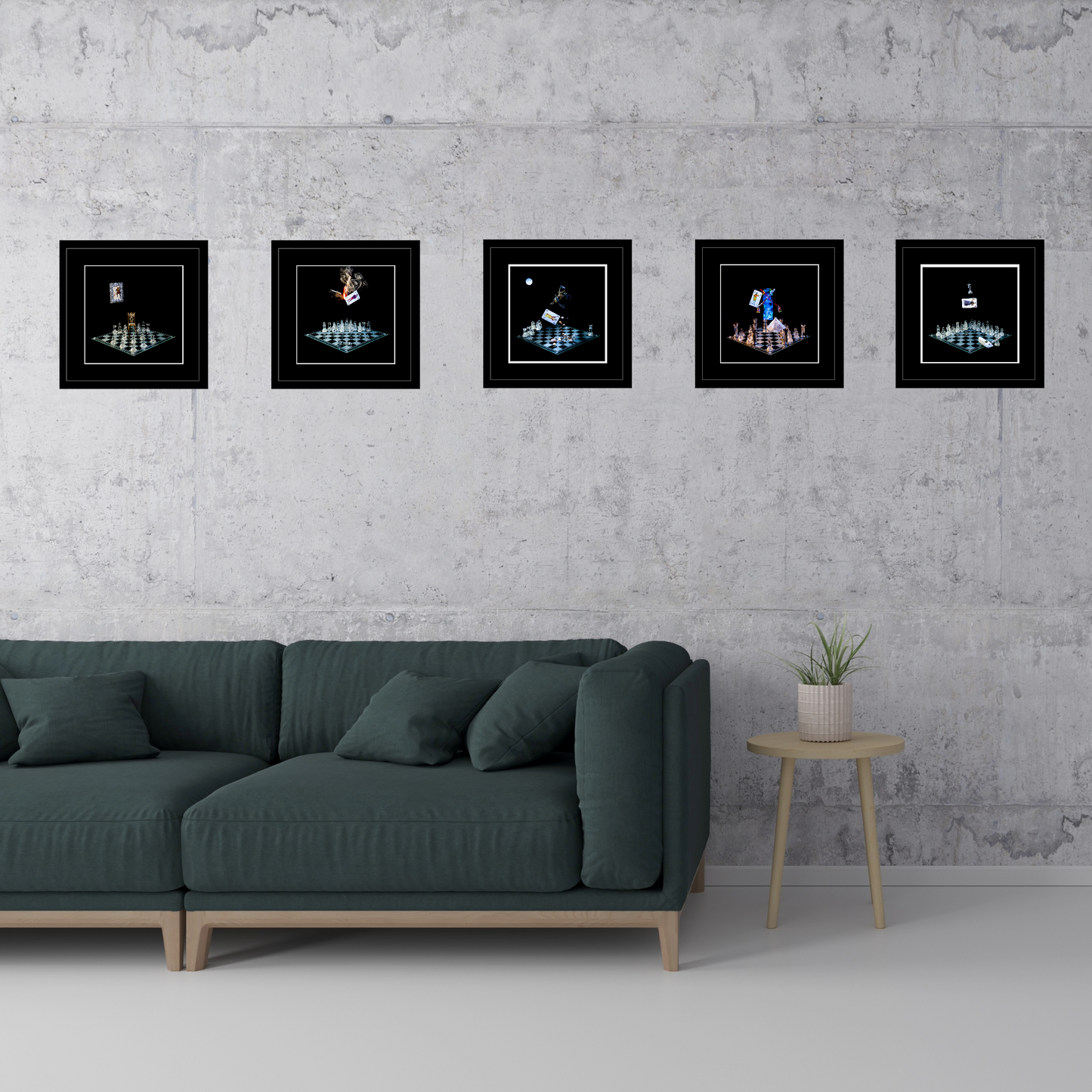 Set of 5 photographic art prints from the Scottish Game of Thrones collection displayed in a line with black frames on a grey wall above a dark grey sofa