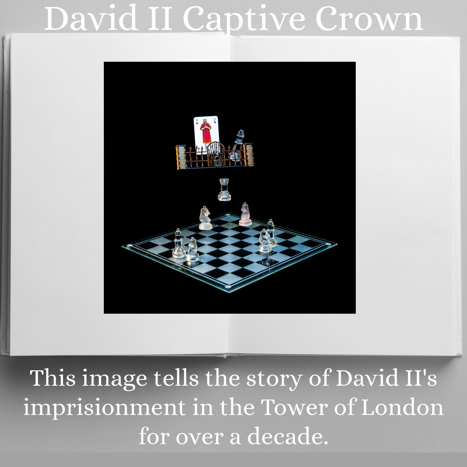 Photographic art print of David II displayed in an open book with accompanying text: David II Captive Crown This image tells the story of David IIs imprisonment in the Tower of London for over a decade.