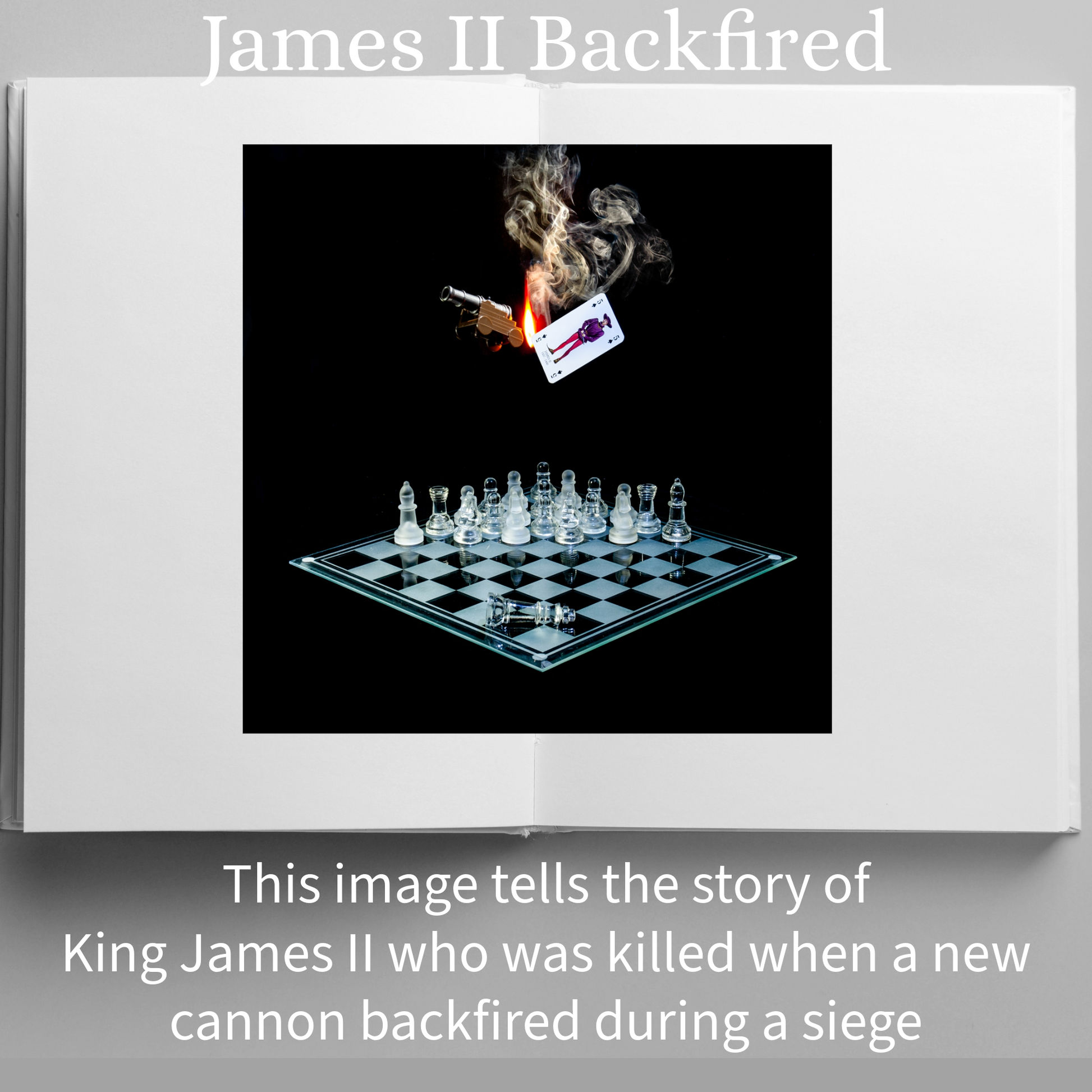 Photographic art print of James II displayed in an open book with accompanying text: James II Backfired This image tells the story of King James II who was killed when a new cannon backfired during a siege.