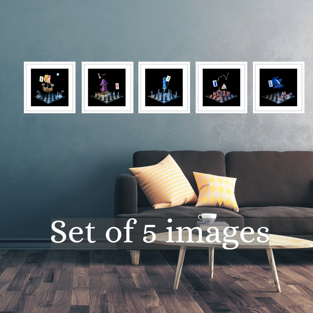 Set of 5 photographic art prints from the Scottish Game of Thrones collection displayed in a line with white frames on a grey wall above a dark grey sofa with text that says set of 5 images