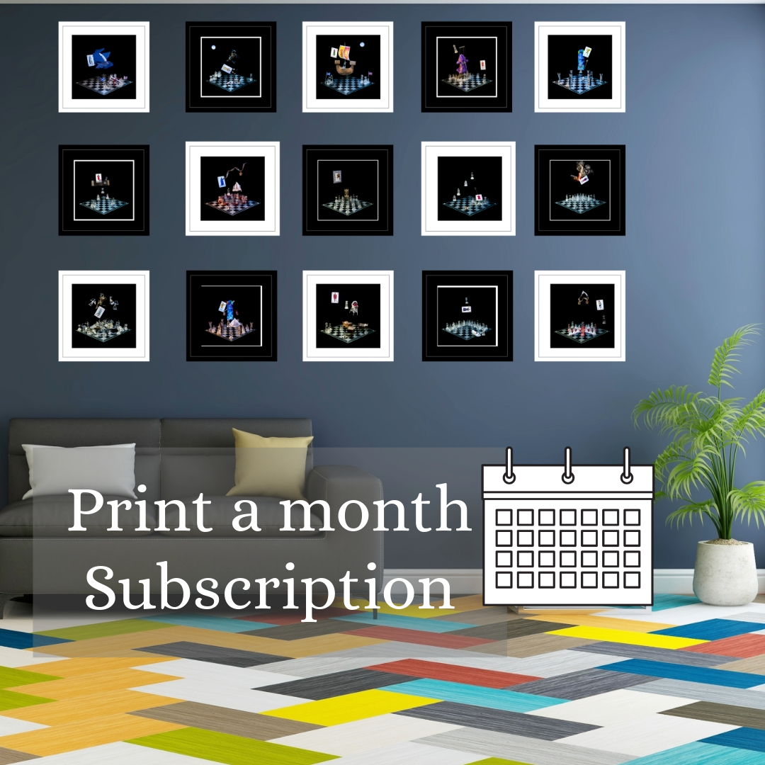 Set of 15 photographic art prints from the Scottish Game of Thrones collection displayed in a grid with alternating black and white frames to resemble a chessboard on a blue wall above a grey sofa with text that says print a month Subscription