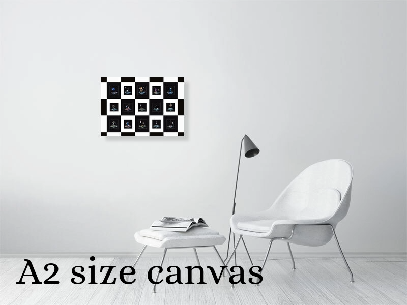 Photographic art A2 canvas print displayed on a wall above a chair to show scale.