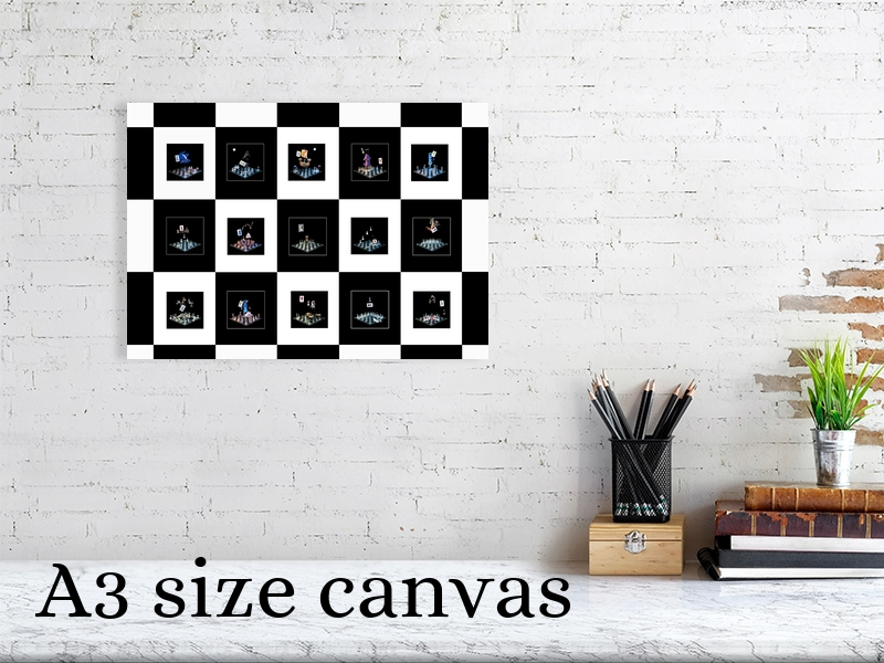 Photographic art A3 canvas print displayed on a wall above a shelf with stationary and books to show scale.