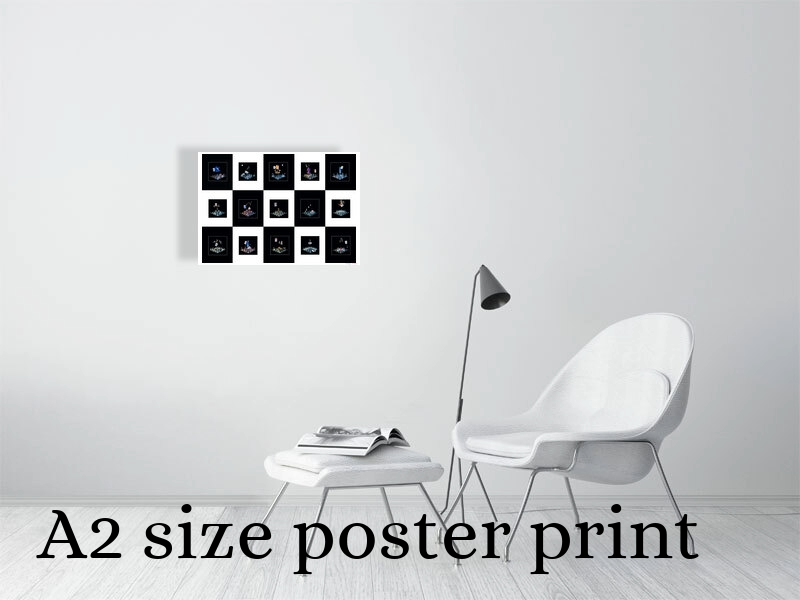 Photographic art A2 poster print displayed on a wall above a chair to show scale.