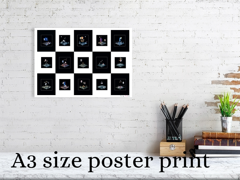 Photographic art A3 poster print displayed on a wall above a shelf with stationary and books to show scale.