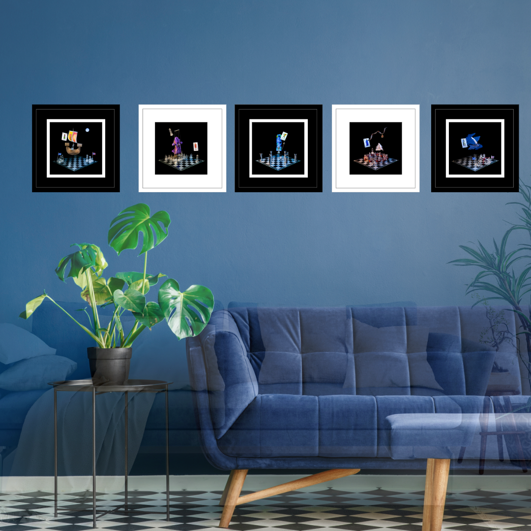 Set of 5 photographic art prints from the Scottish Game of Thrones collection displayed in a line with alternating black and white frames on a blue wall above a blue  sofa